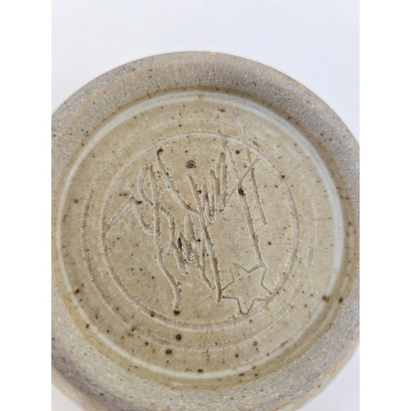 Vintage handmade pottery flower frog bowl earthy tan glaze - Picture 2 of 5